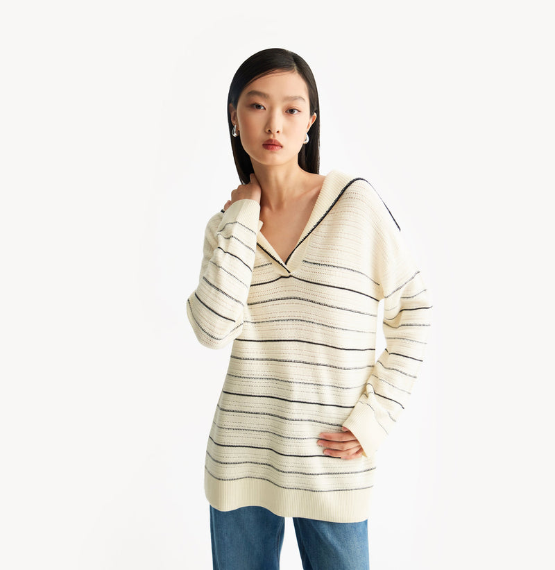 Sailor-collar sweater in blue/white wool stripes. left-view