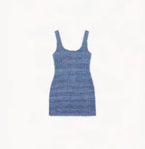 Blue tweed dress with contoured silhouette, concealed back zip, and full lining for elegant shaping.