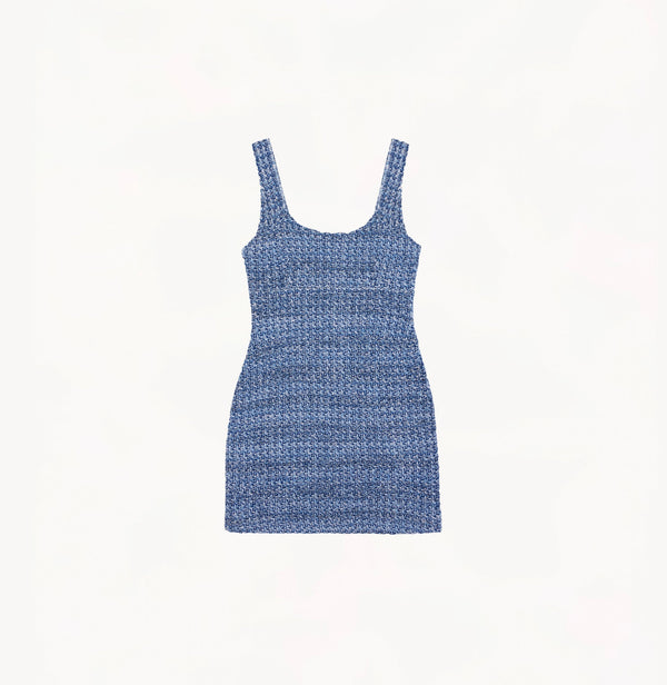 Blue tweed dress with contoured silhouette, concealed back zip, and full lining for elegant shaping.