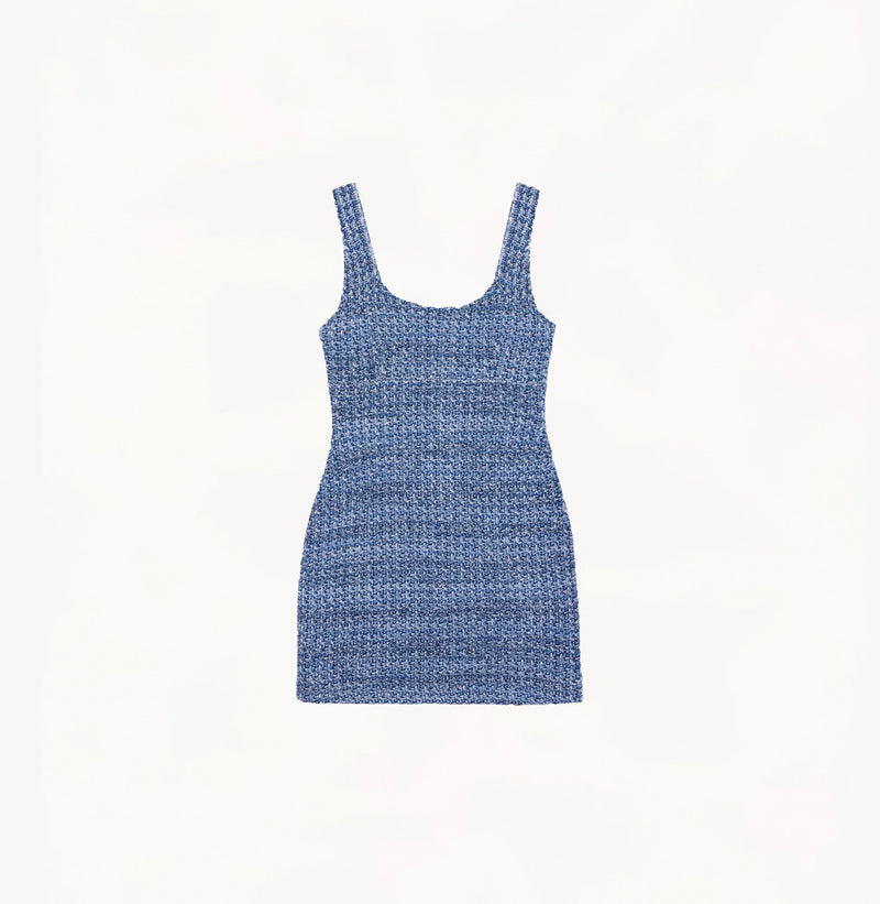 Blue tweed dress with contoured silhouette, concealed back zip, and full lining for elegant shaping.