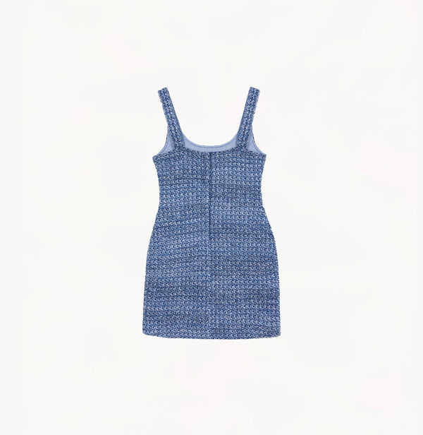 Blue tweed dress with contoured silhouette, concealed back zip, and full lining for elegant shaping.