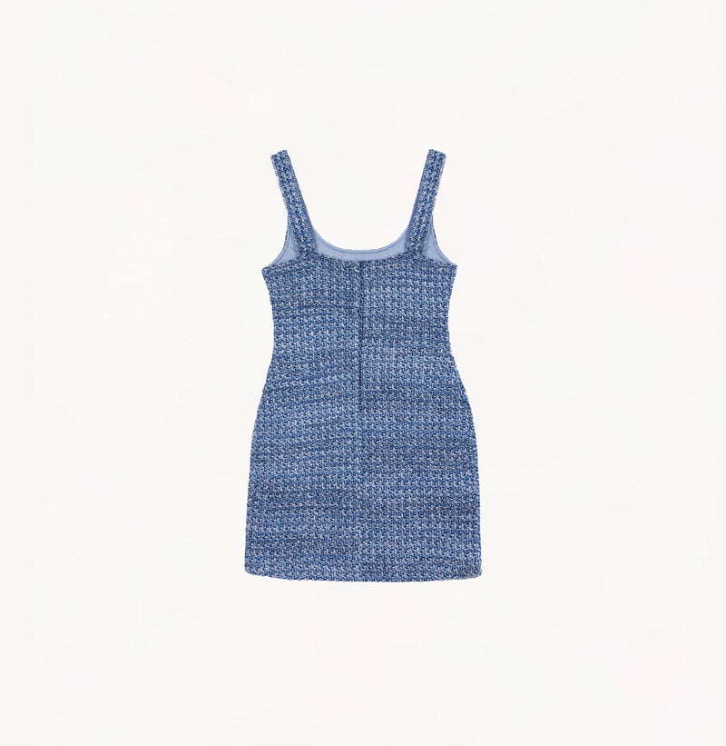 Blue tweed dress with contoured silhouette, concealed back zip, and full lining for elegant shaping.