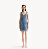 Blue tweed dress with contoured silhouette. front-view