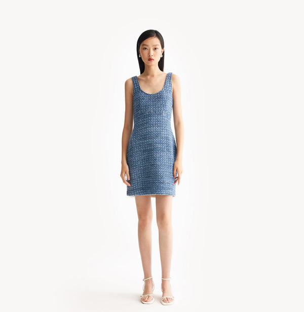 Blue tweed dress with contoured silhouette. front-view