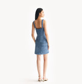 Blue tweed dress with contoured silhouette. rear-view