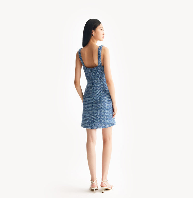 Blue tweed dress with contoured silhouette. rear-view