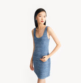 Blue tweed dress with contoured silhouette. left-view