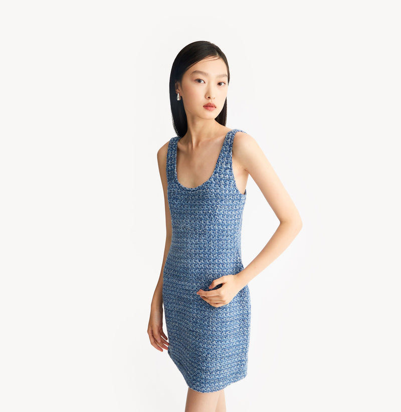 Blue tweed dress with contoured silhouette. left-view