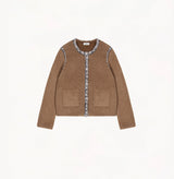 Mocha Italian bouclé jacket for women with brushed texture and speckled tweed trims.