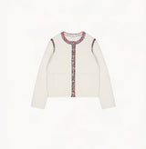 White Italian bouclé jacket for women with brushed texture and speckled tweed trims.