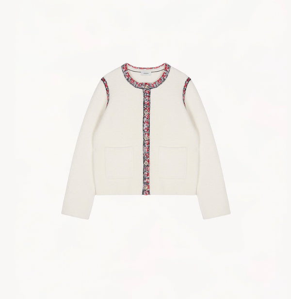 White Italian bouclé jacket for women with brushed texture and speckled tweed trims.