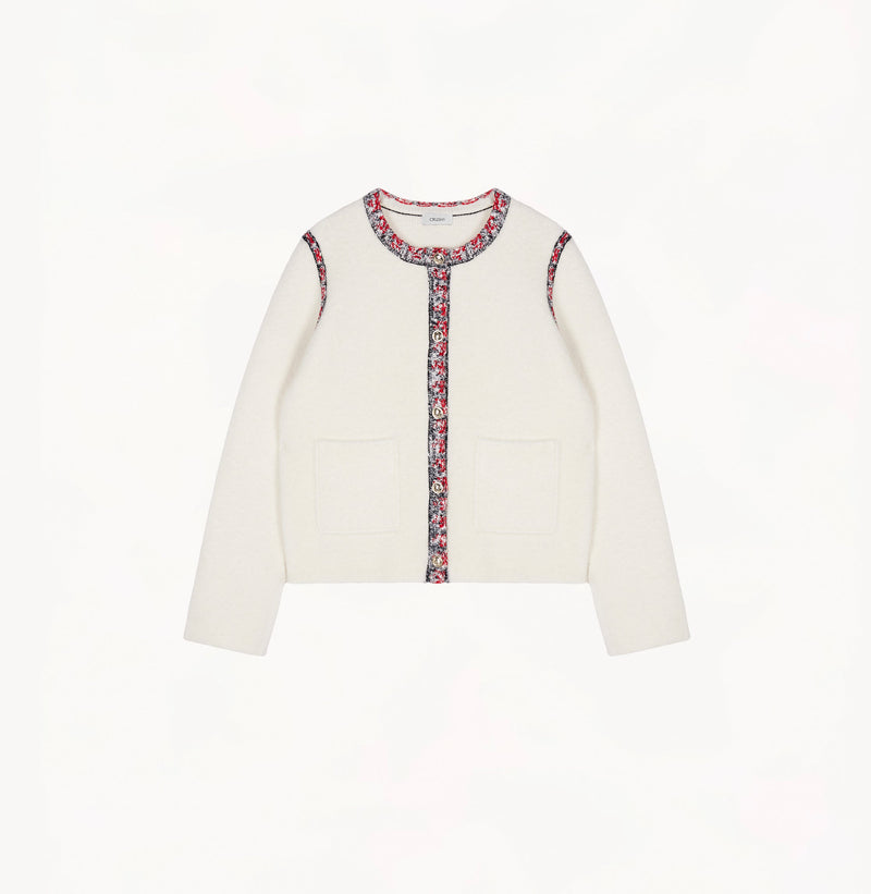 White Italian bouclé jacket for women with brushed texture and speckled tweed trims.
