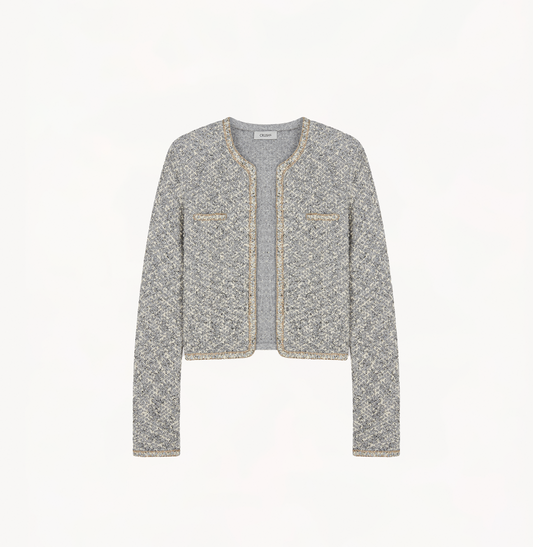 Bouclé placket jacket for women in grey.