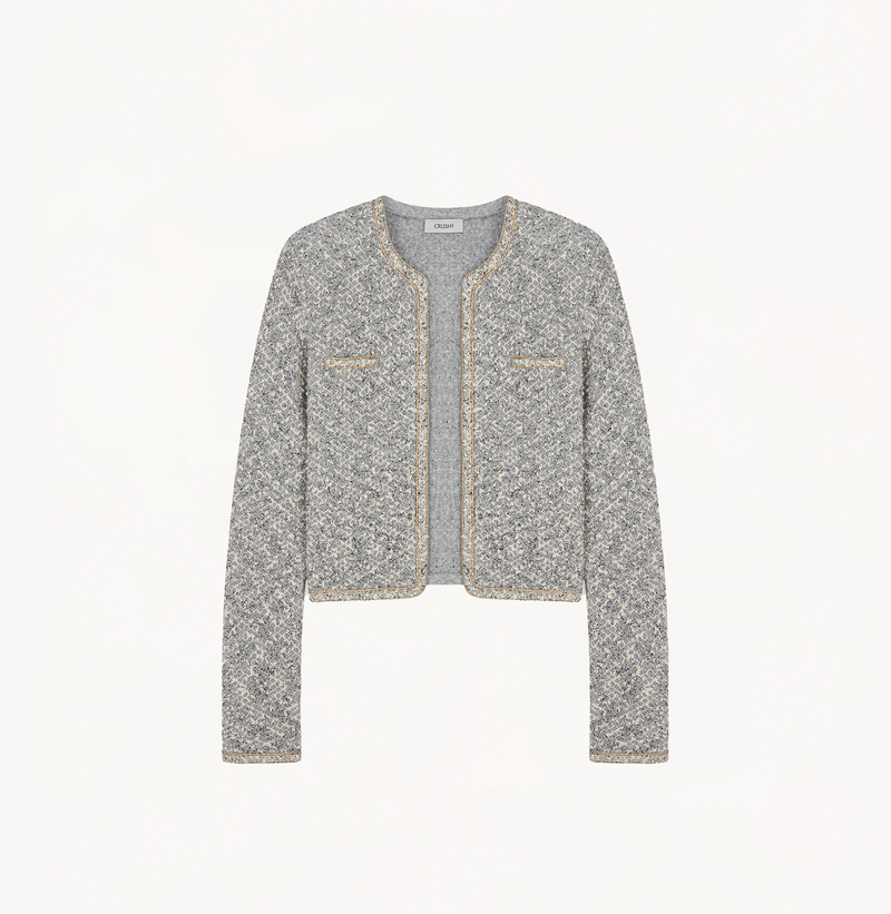 Bouclé placket jacket for women in grey.