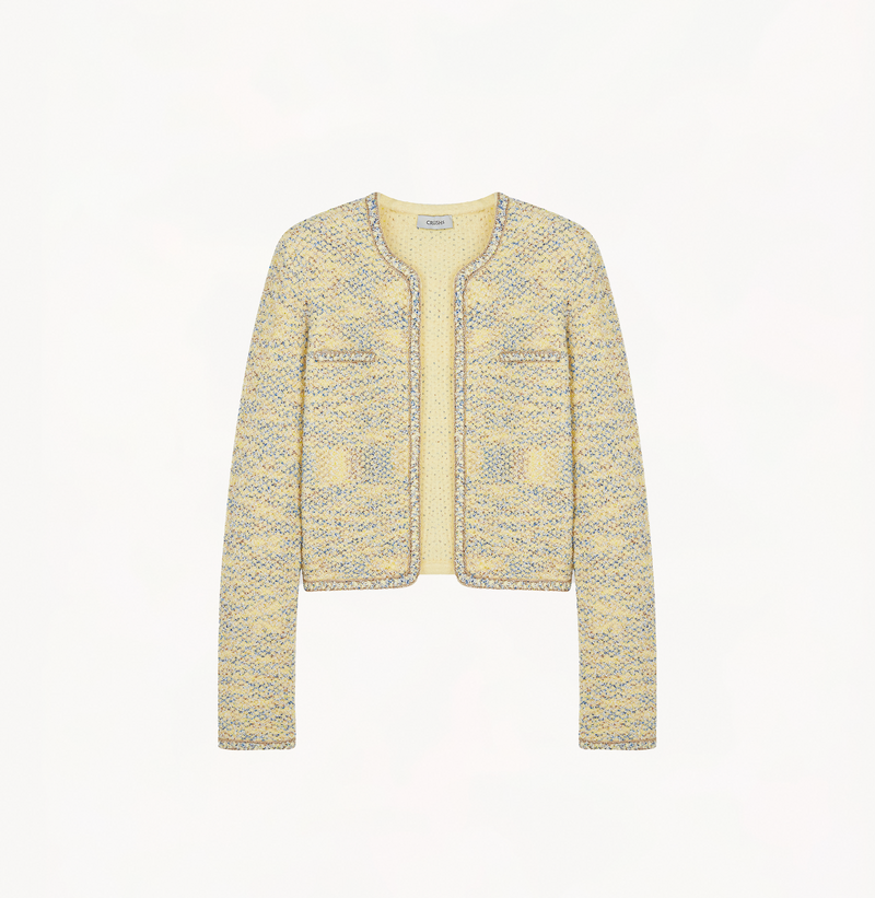 Bouclé placket jacket for women in yellow.