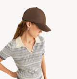 Brown baseball cap in cotton twill with embroidered monogram logo and classic coffee tones. rear-view.