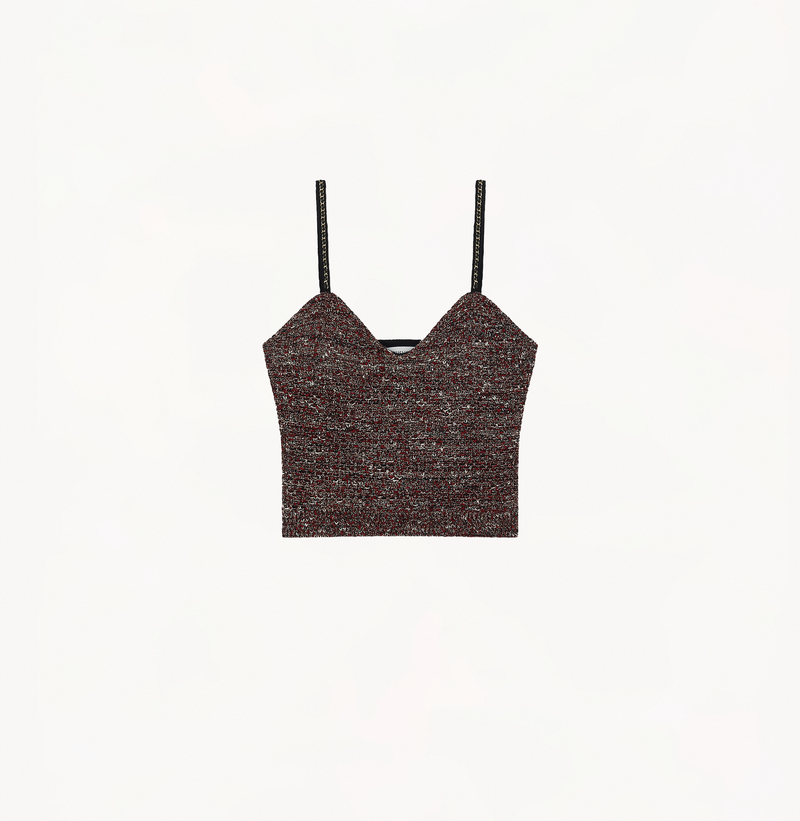 Bustier bouclé top in burgundy.