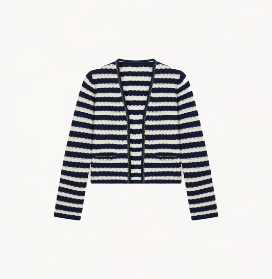 STRIPED CABLE-KNIT CARDIGAN