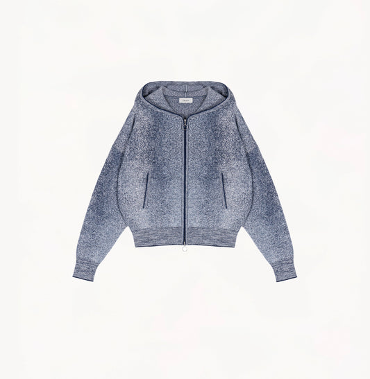 Blue hooded cardigan sweater with textured jacquard knit and contrast trim detail.