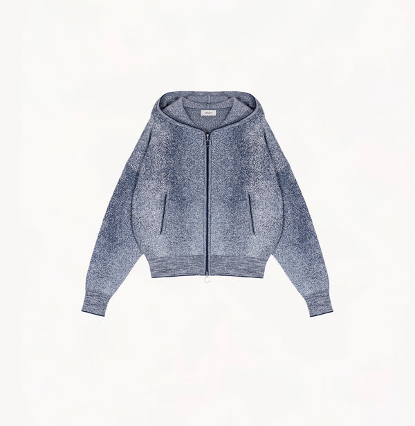 Blue hooded cardigan sweater with textured jacquard knit and contrast trim detail.