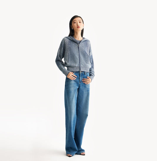 Blue hooded cardigan sweater with textured jacquard knit and contrast trim detail. front-view
