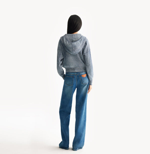 Blue hooded cardigan sweater with textured jacquard knit and contrast trim detail. rear-view