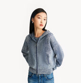 Blue hooded cardigan sweater with textured jacquard knit and contrast trim detail. left-view