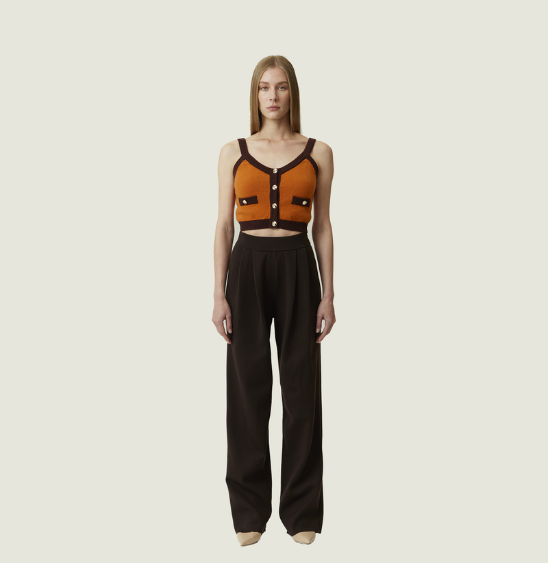 Cashmere button up tank top in caramel and brown colorblock. left-view