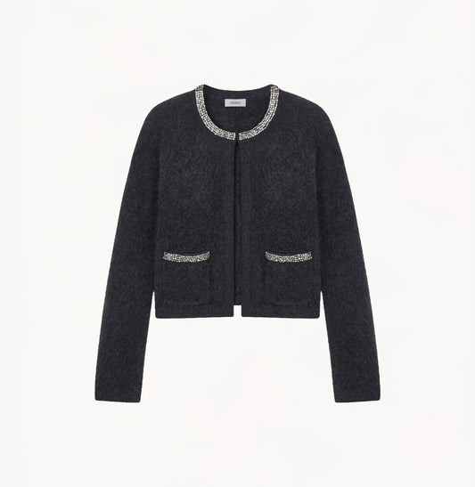 FLUFFY CASHMERE CRYSTAL EMBELLISHED PLACKET CARDIGAN