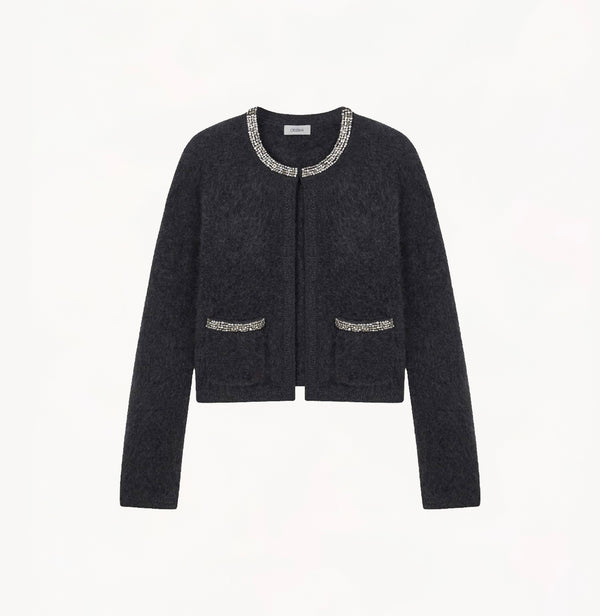 FLUFFY CASHMERE CRYSTAL EMBELLISHED PLACKET CARDIGAN