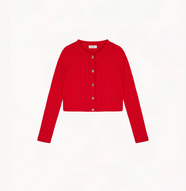 Chili cashmere cable-knit crewneck cardigan.