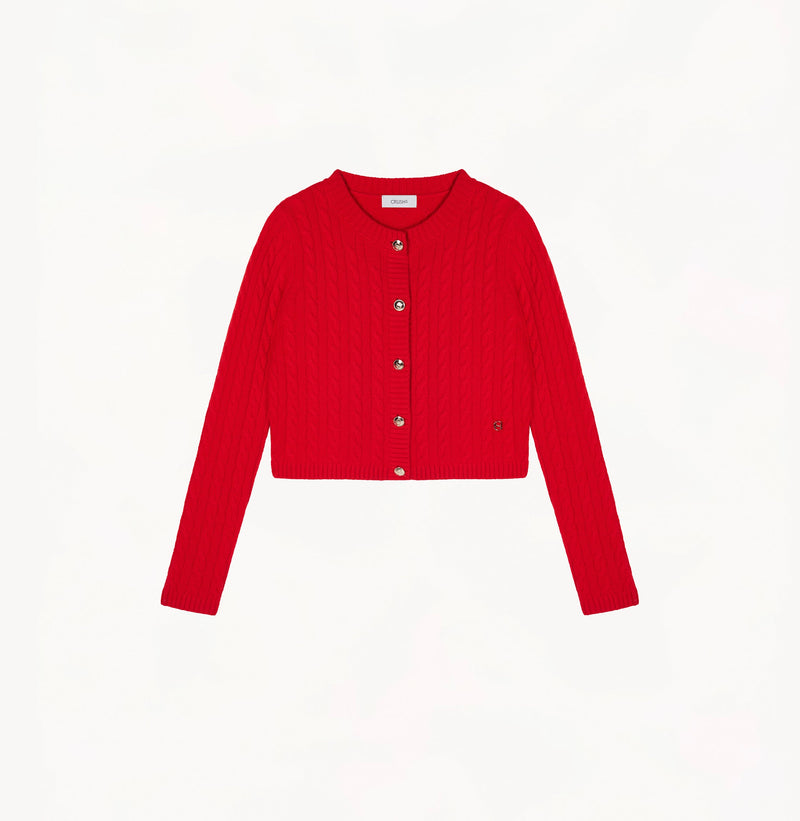 Chili cashmere cable-knit crewneck cardigan.