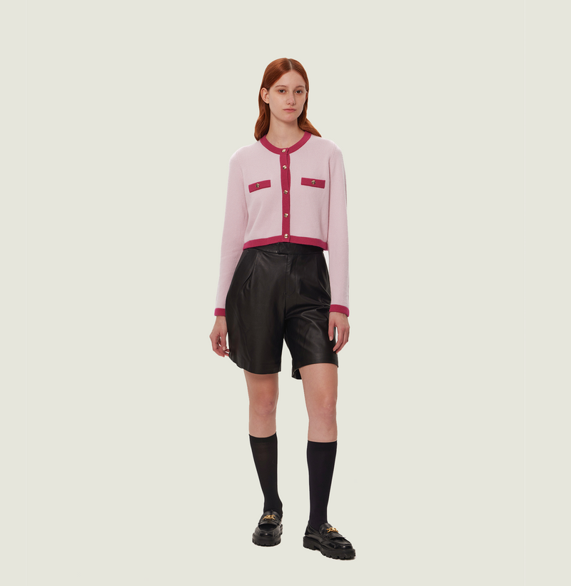 Cashmere colorblock cardigan in pink and fushia with crewneck. left-view