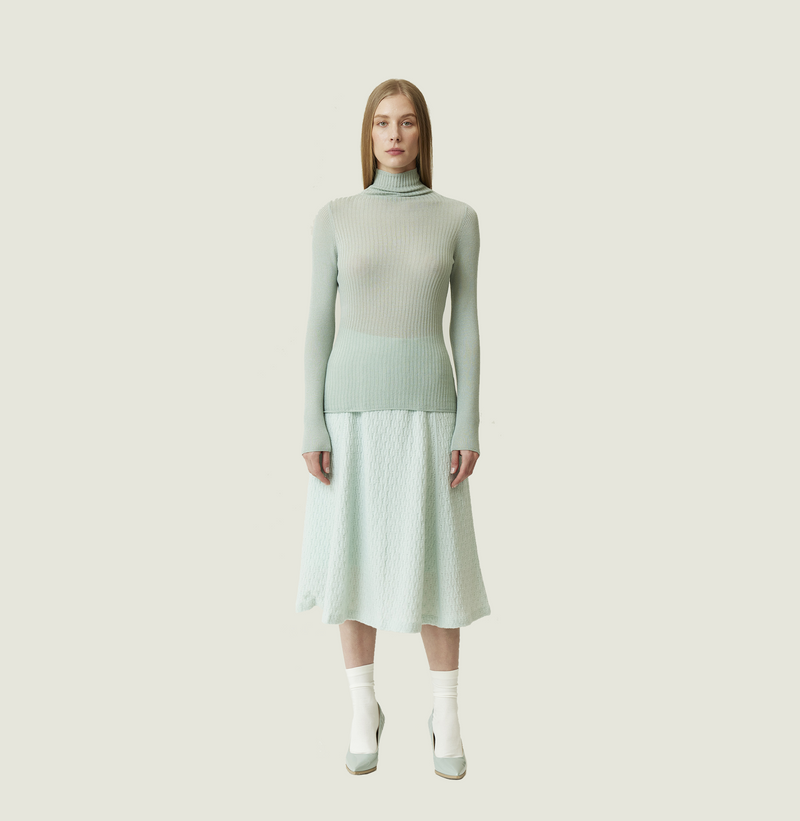 Cashmere ombre top in metallic mint with turtleneck. left-view