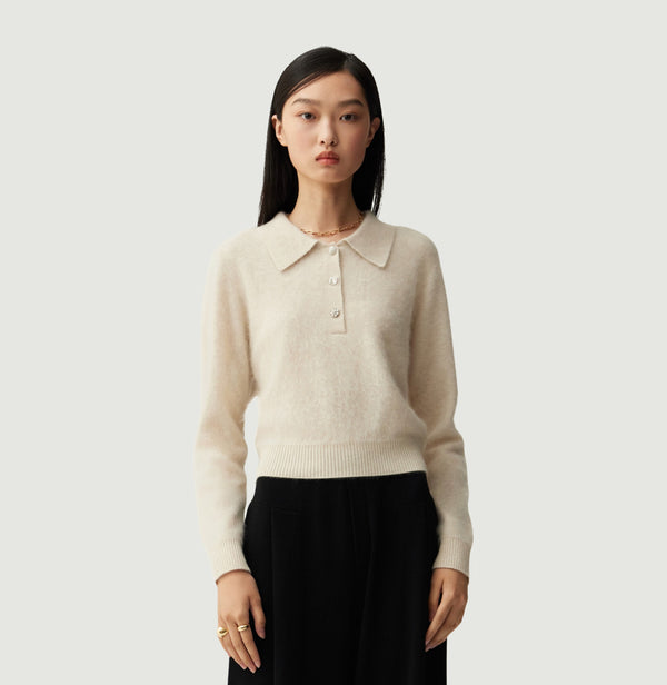 FLUFFY CASHMERE POLO SHIRT WITH CRYSTAL BUTTONS