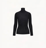 Black cashmere ribbed turtleneck top with ombré effect and metallic shimmer crafted using water soluble technology for ultra softness.