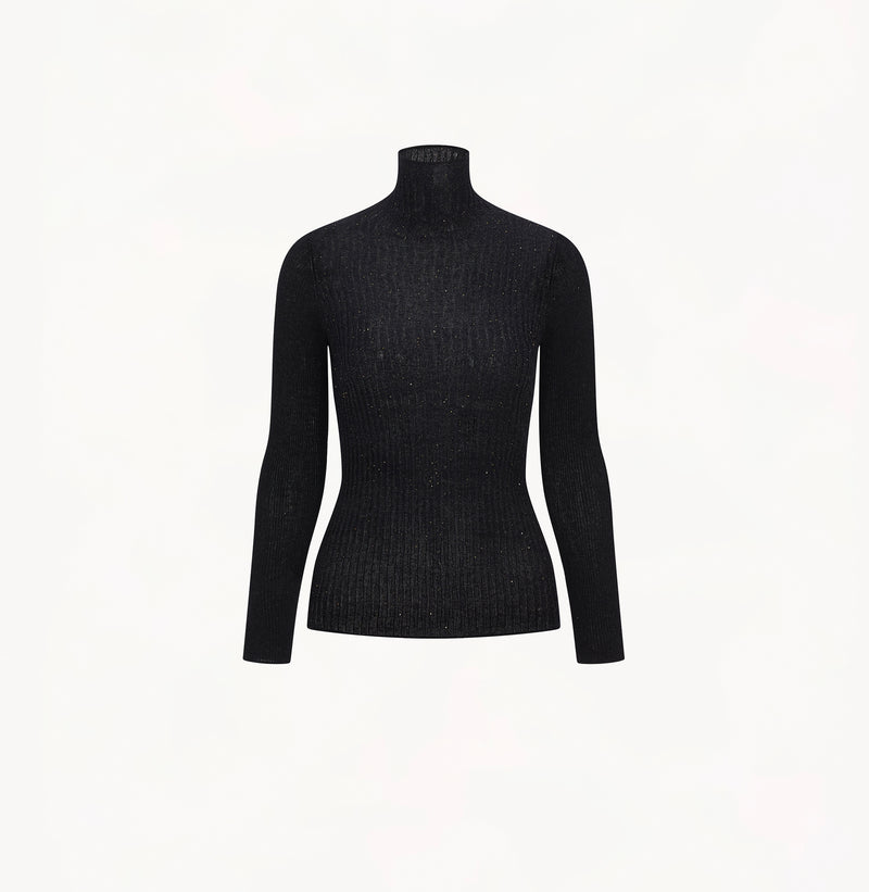 Black cashmere ribbed turtleneck top with ombré effect and metallic shimmer crafted using water soluble technology for ultra softness.
