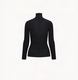 Black cashmere ribbed turtleneck top with ombré effect and metallic shimmer crafted using water soluble technology for ultra softness.