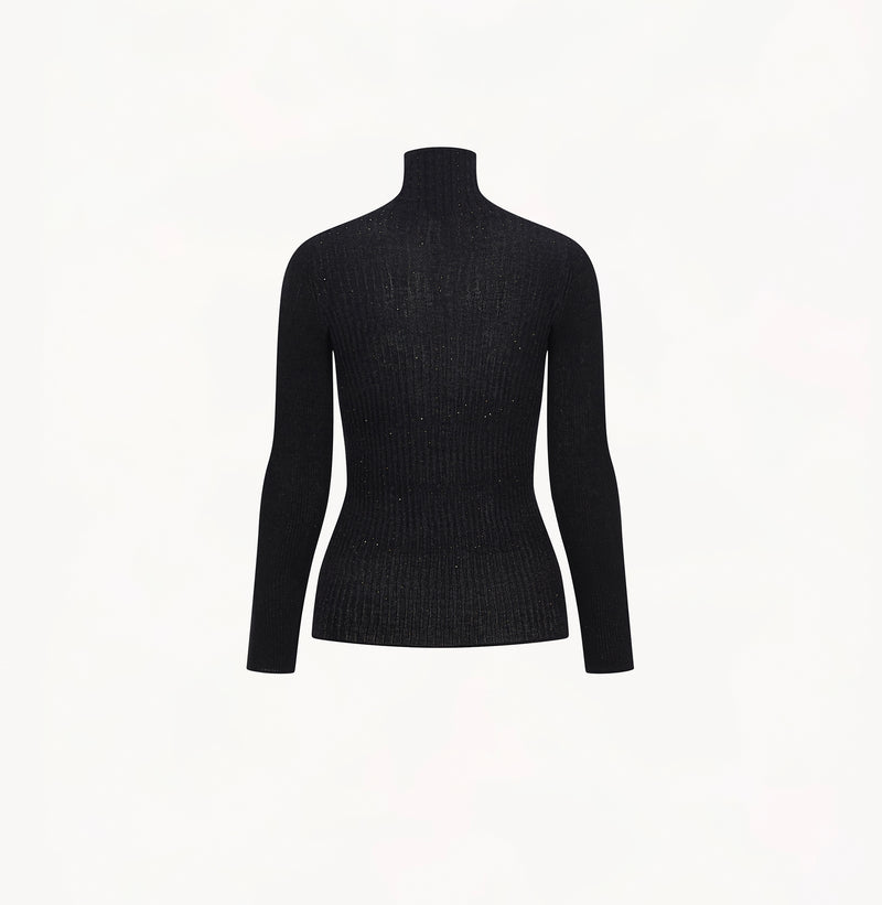 Black cashmere ribbed turtleneck top with ombré effect and metallic shimmer crafted using water soluble technology for ultra softness.