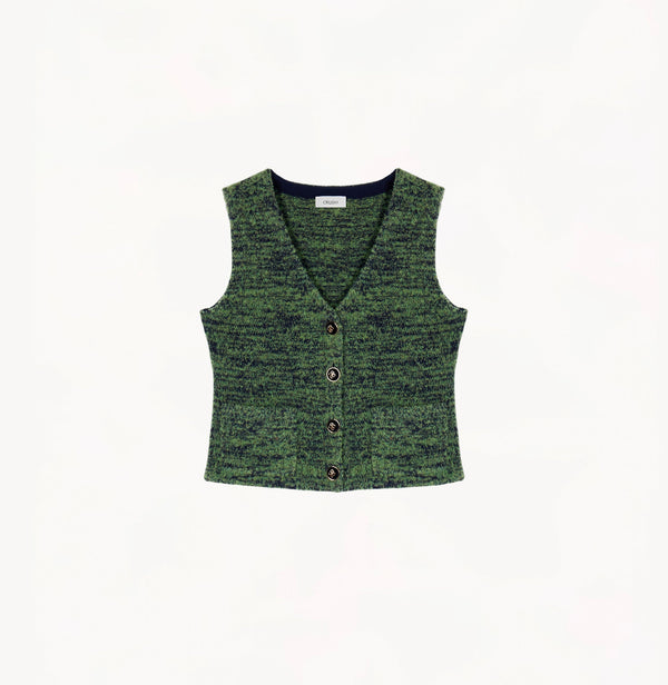 Green wool-cashmere blend vest with camo-inspired contrast texture.