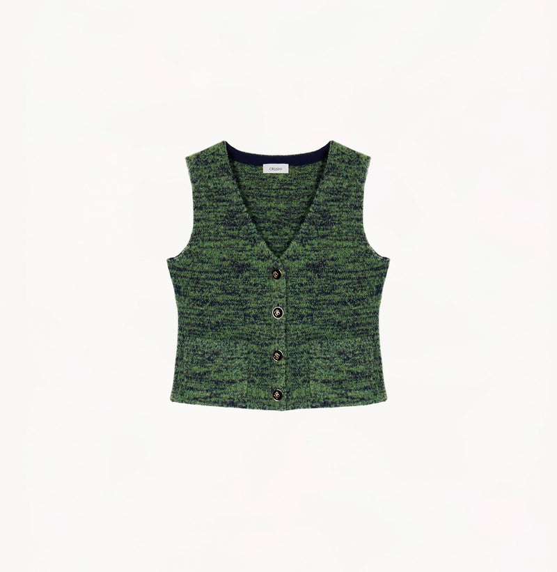 Green wool-cashmere blend vest with camo-inspired contrast texture.