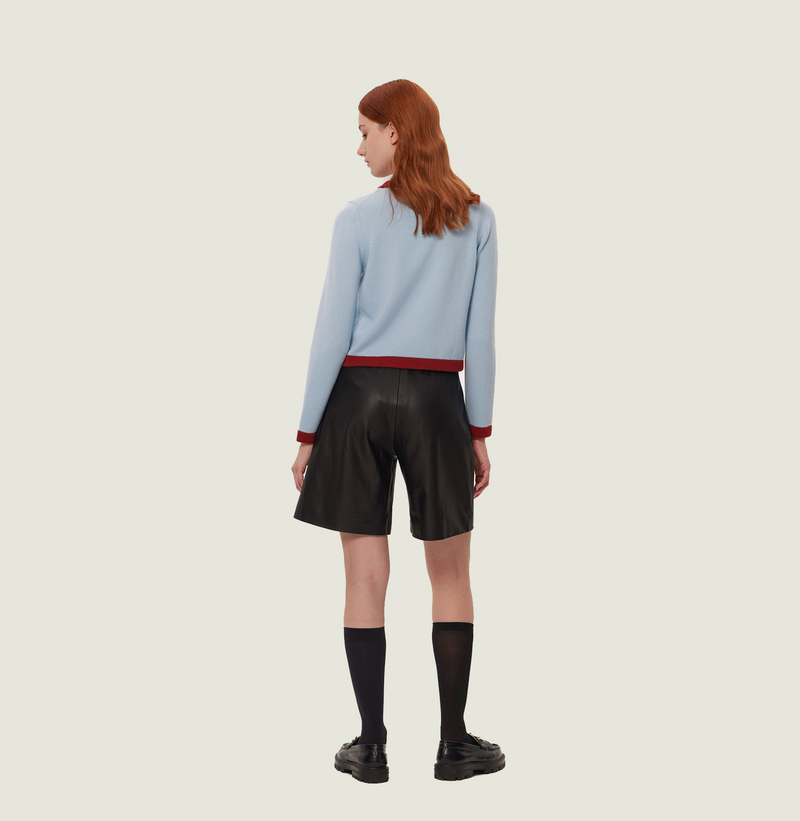 Cashmere colorblock sweater in blue and brown red with buttons in the front. rear-view