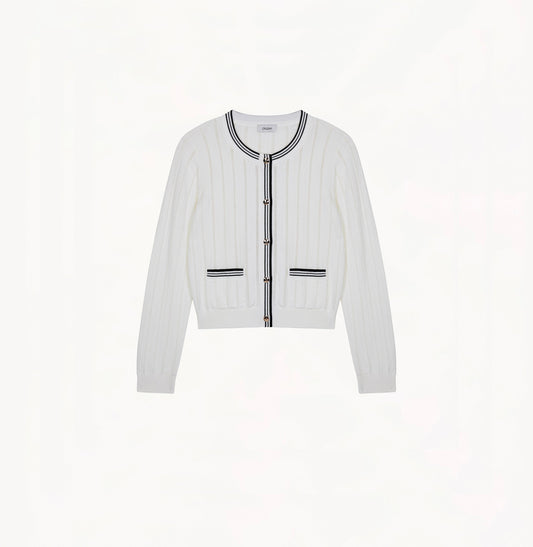White colorblock cotton cardigan with fitted silhouette, crewneck, contrasting trim details, and decorative metal buttons.