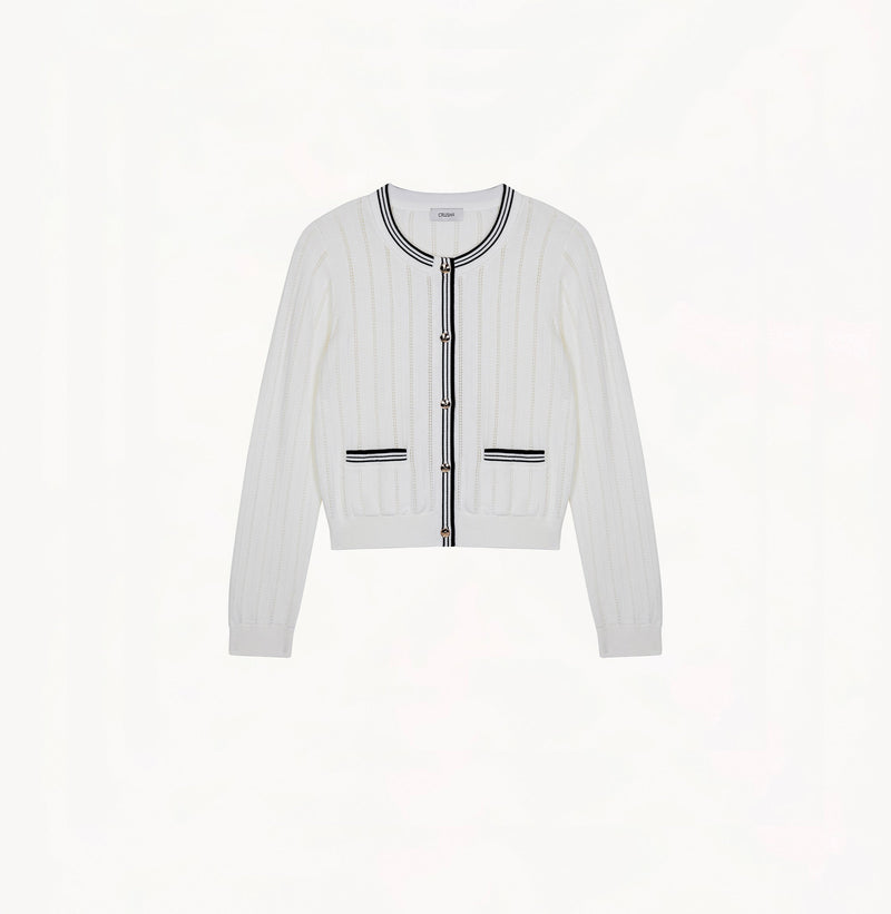 White colorblock cotton cardigan with fitted silhouette, crewneck, contrasting trim details, and decorative metal buttons.