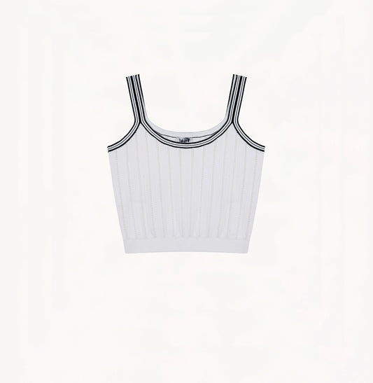 White colorblock cotton tank top with square-round neckline and contrasting trim.