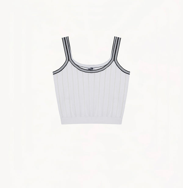 White colorblock cotton tank top with square-round neckline and contrasting trim.