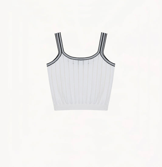 White colorblock cotton tank top with square-round neckline and contrasting trim.