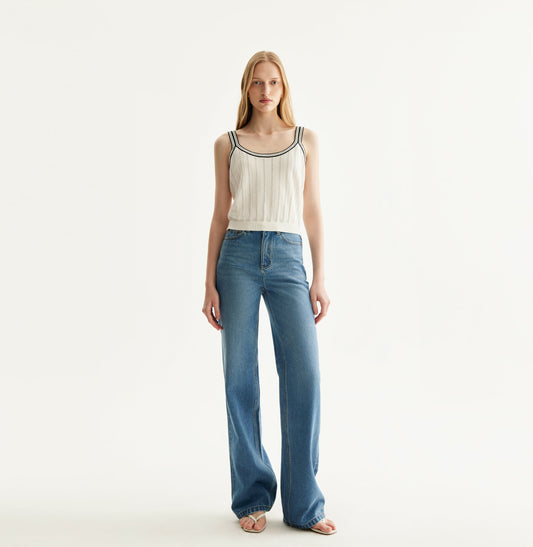 White colorblock cotton tank top with square-round neckline and contrasting trim. front-view
