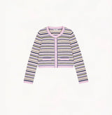 Wool-cashmere blend colorful striped cardigan, long sleeves, and decorative pocket detailing.
