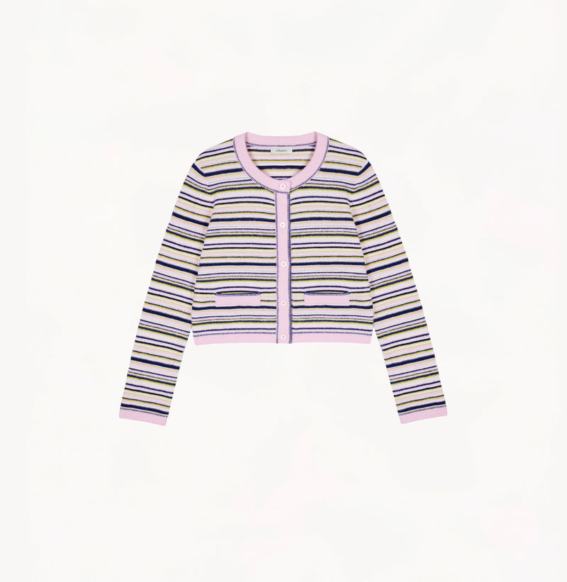 Wool-cashmere blend colorful striped cardigan, long sleeves, and decorative pocket detailing.